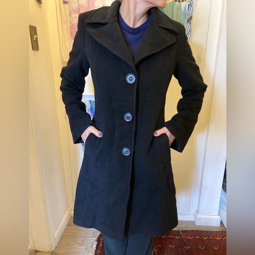 DKNYC black wool pea trench coat lined pockets flare sleeve